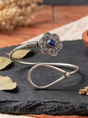 Lapis Lazuli Spiral Flower Cuff Bracelet Artisan Silver Plated Brass Heirloom 9"